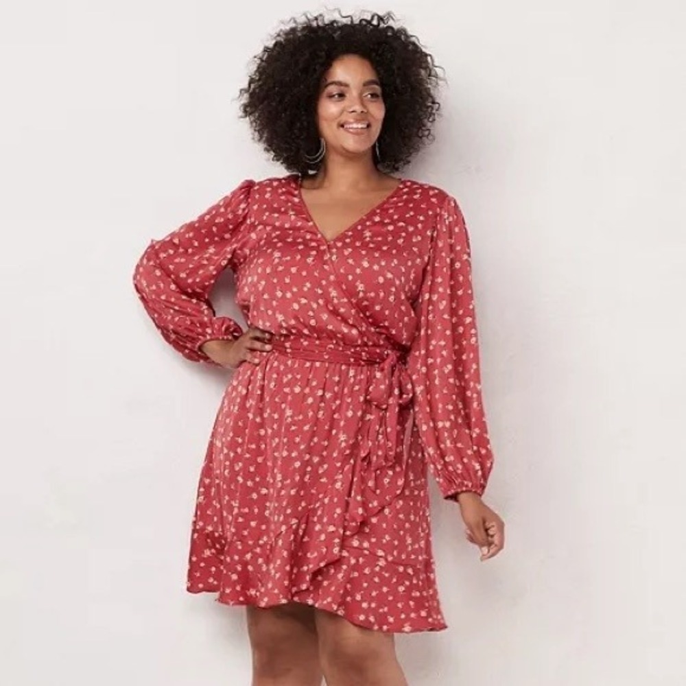 Lauren Conrad‎ Womens Floral Print Wrap Dress Red Size Medium Long Sleeve